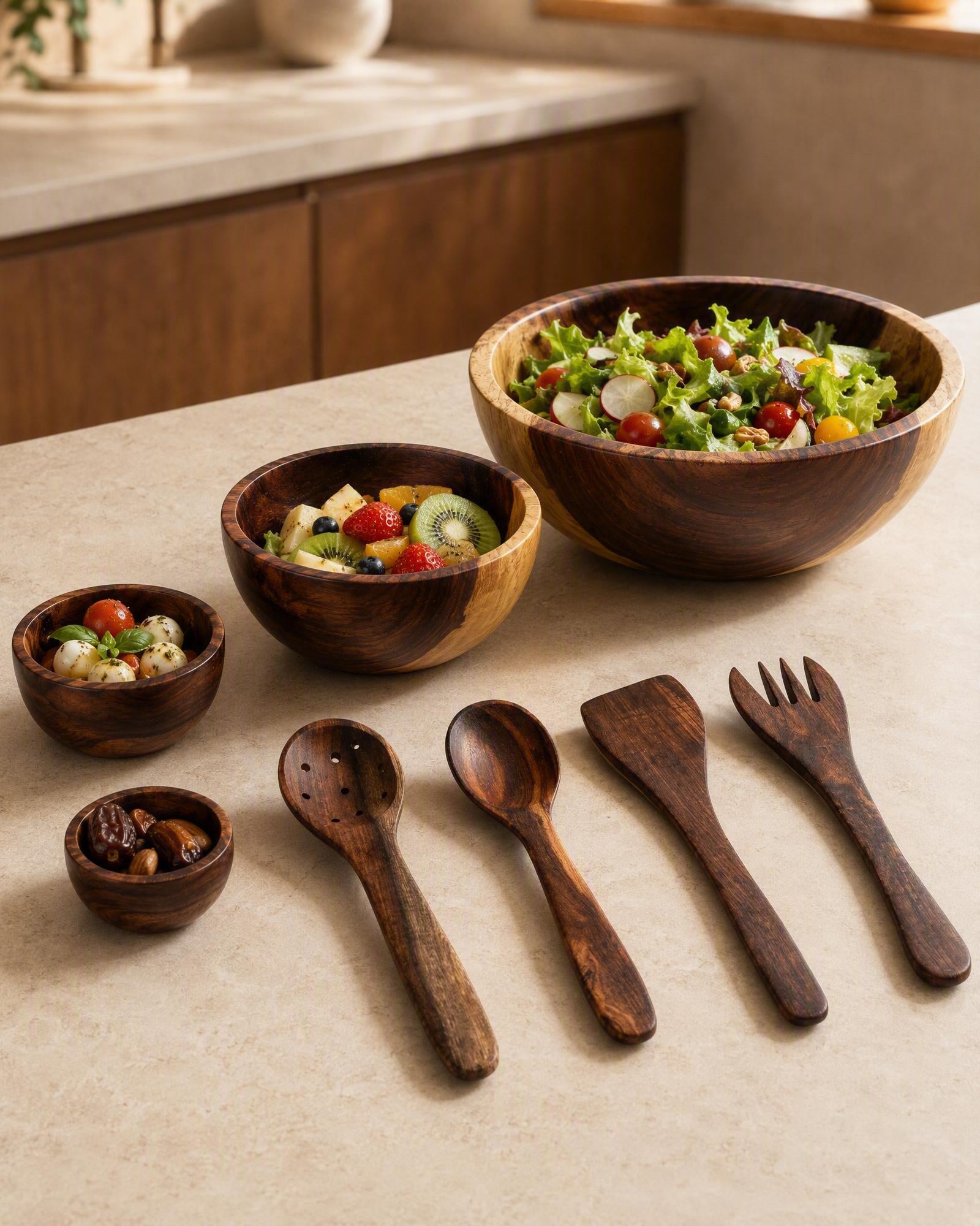A set of dark brown wooden tableware, including a large salad bowl, two smaller bowls, a spoon, a soup spoon, a spatula, and a fork, arranged on a beige countertop with fresh salads in a kitchen setting.
