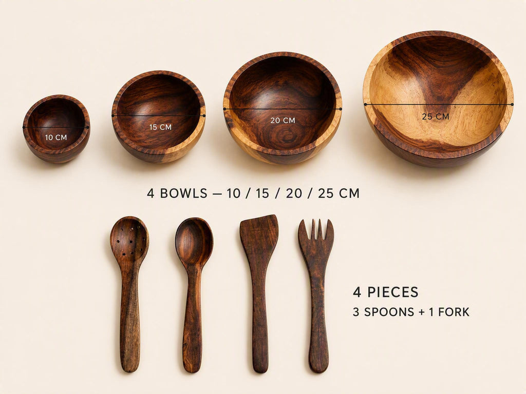 Four wooden bowls and four wooden utensils arranged on a light beige background, with text indicating sizes from 10 to 25 cm and a count of 4 pieces. The bowls show dimension labels, and the utensils are shown without labels.