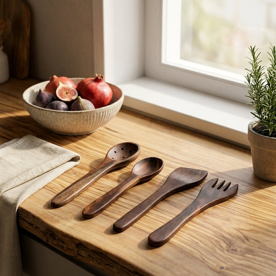 Four dark brown wooden tableware utensils, including two spoons and two forks, arranged on a rustic wooden countertop next to a bowl of fruit and a small potted plant near a window.