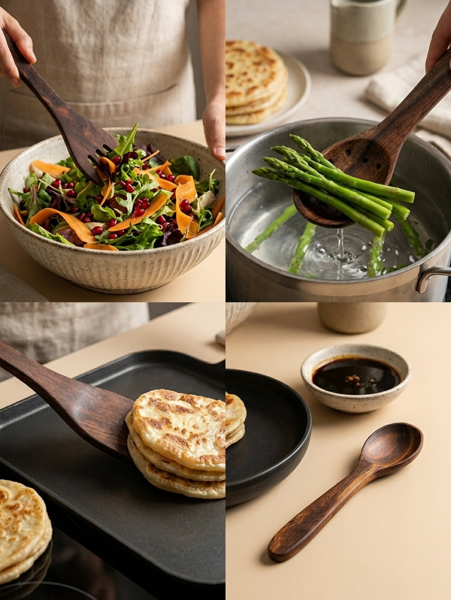 A four-panel collage showing wooden dining utensils in use: a salad spinner, a strainer over asparagus in water, serving flatbreads, and a spoon on a beige tabletop. A person's hands and torso are partially visible in the top panels, and the scene includes bowls, plates, and food in a styled kitchen setting.