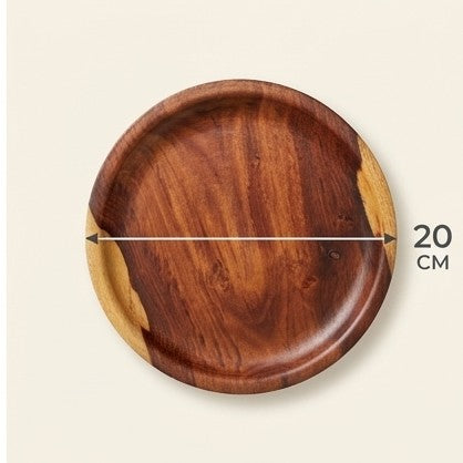 A round wooden serving tray with a dark brown center and lighter natural wood edges, shown on a light beige background with a dimension line indicating a 20 cm diameter.