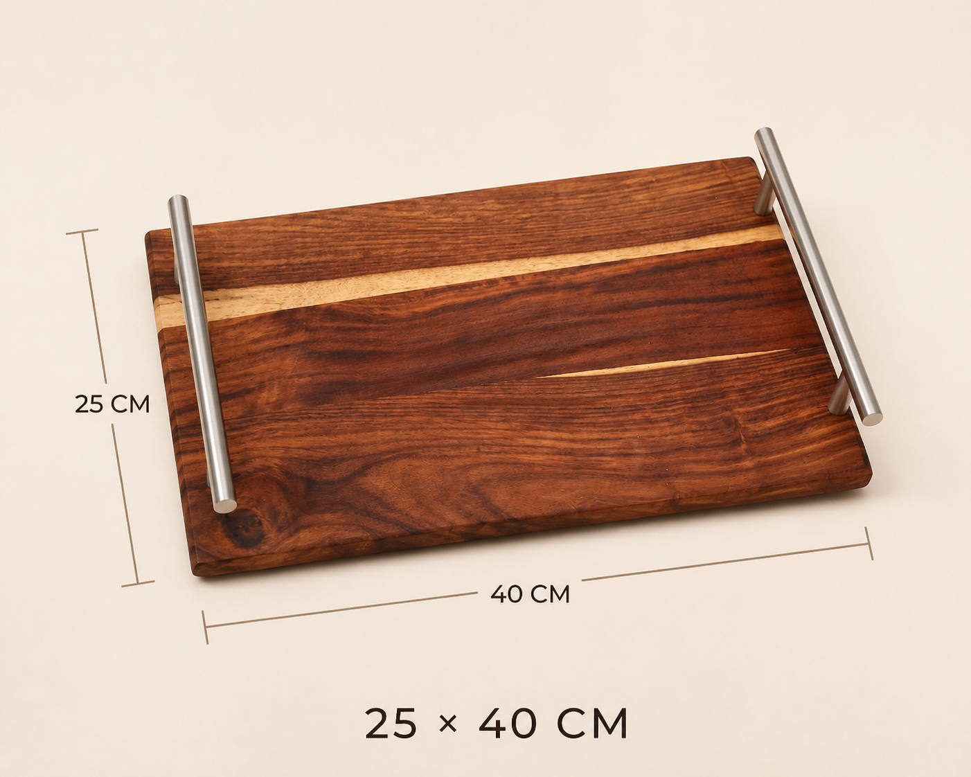A rectangular wooden serving tray with two vertical stainless steel handles, shown on a light beige background with dimension lines and text indicating measurements of 25 cm by 40 cm.