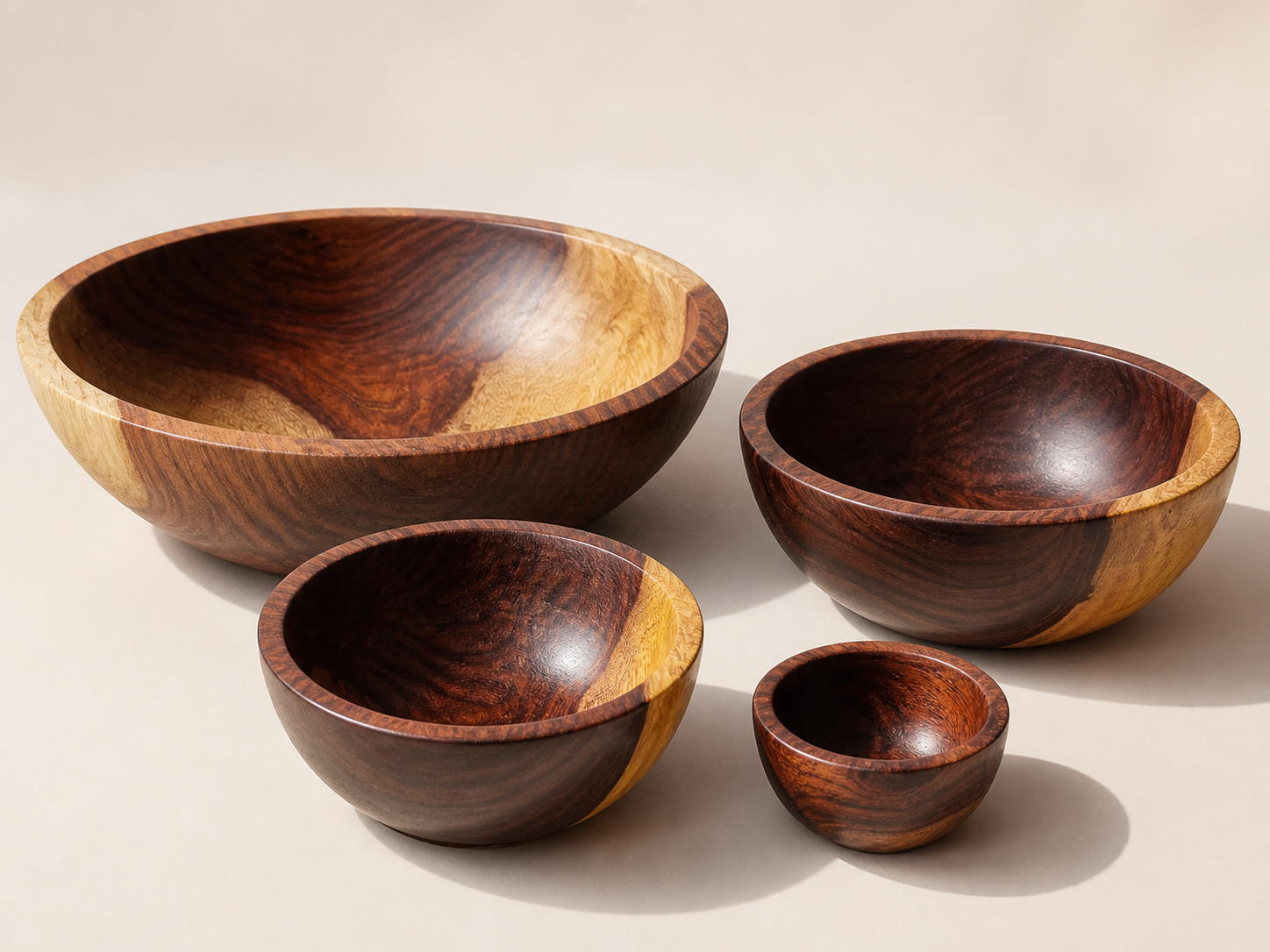 Four handcrafted wooden bowls of varying sizes with a distinctive dark brown and light tan wood grain pattern, arranged on a neutral beige background.