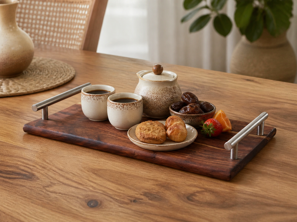 A rectangular dark wood serving tray with silver metal handles, styled on a wooden table with a ceramic teapot, two cups, pastries, dates, and fruit. The background shows a softly blurred dining room setting with a chair and potted plant.