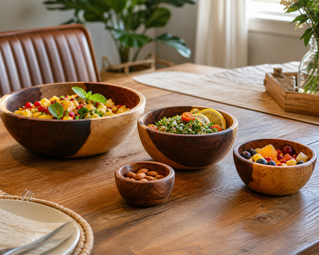 Three wooden bowls of mixed fruit and vegetable salads arranged on a rustic wooden dining table, with a small wooden bowl of almonds in front. The scene is set in a warm, bright dining room with a leather chair and green plants in the background.