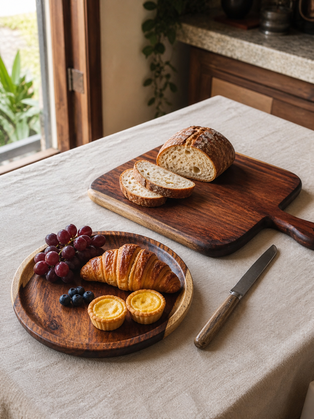 Two round wooden serving boards on a beige tablecloth, styled with sliced bread on a larger board and pastries, grapes, and blueberries on a smaller board, with a knife nearby in a kitchen setting.