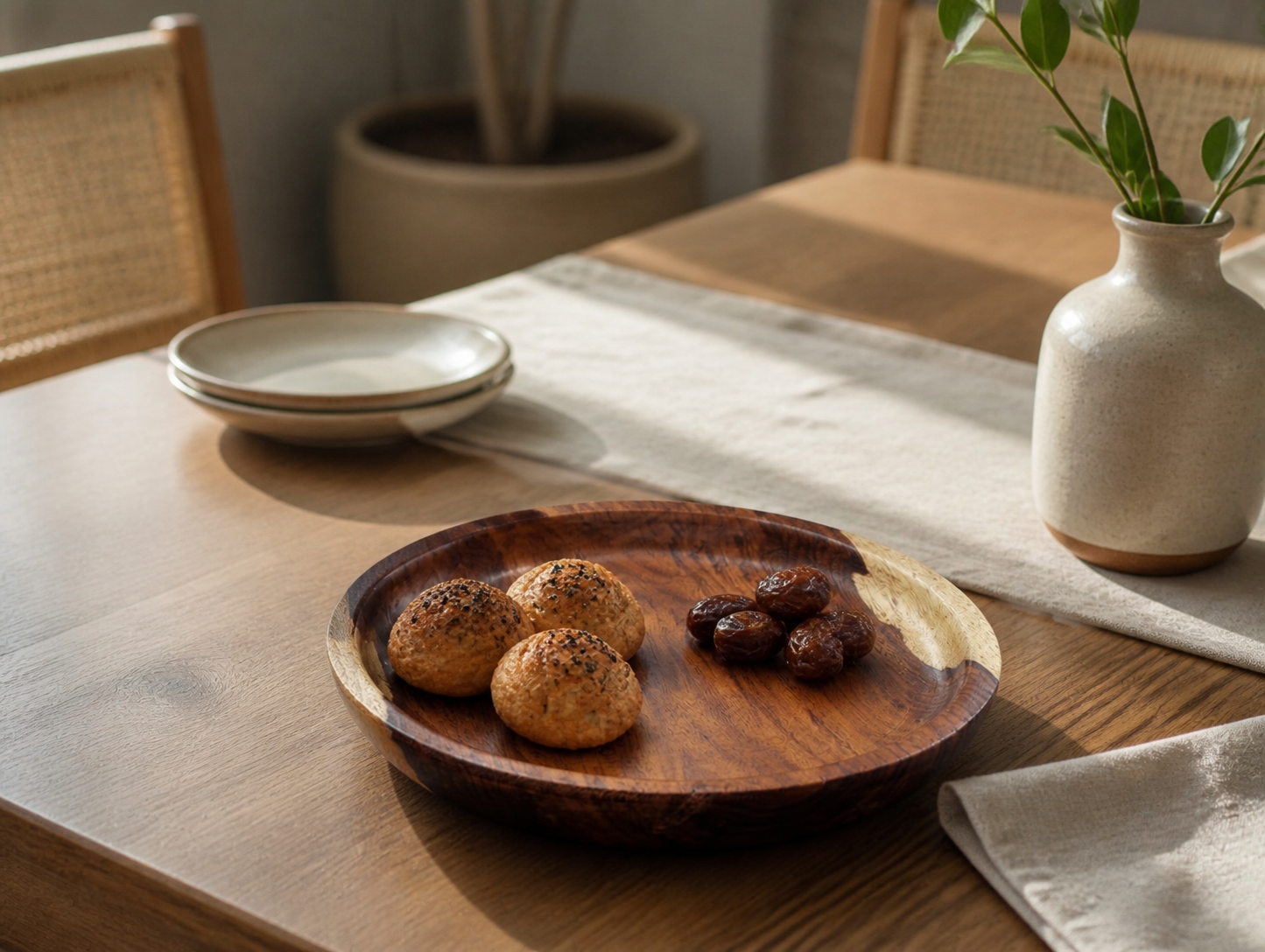 A round wooden serving platter with a lighter natural wood edge, holding three sesame-topped pastries and a few dates, styled on a wooden dining table with a beige runner, ceramic dishes, and a vase in the background.