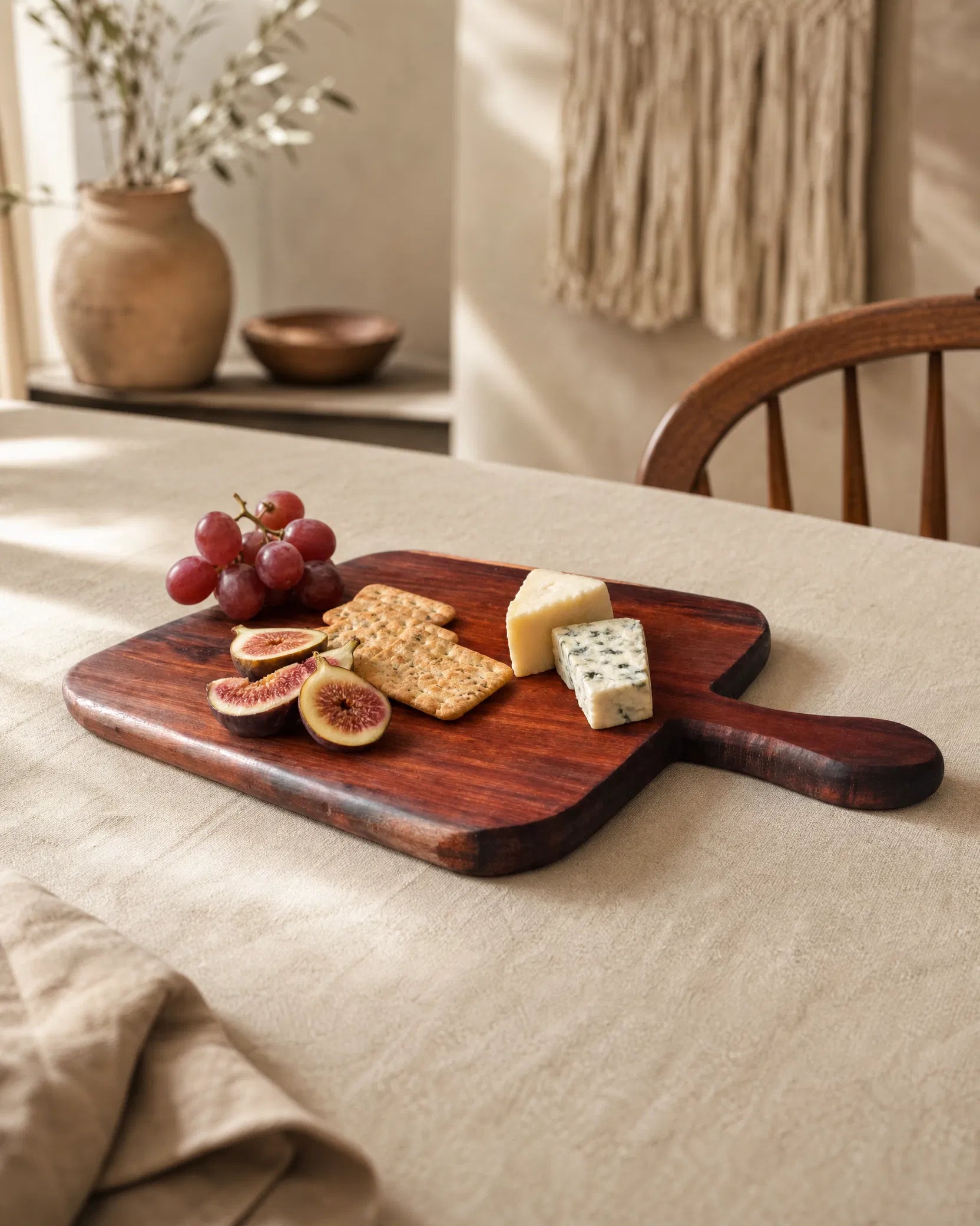 A dark wood serving board with a handle, styled on a beige tablecloth with crackers, cheese, grapes, and figs, in a warm, rustic dining room setting.