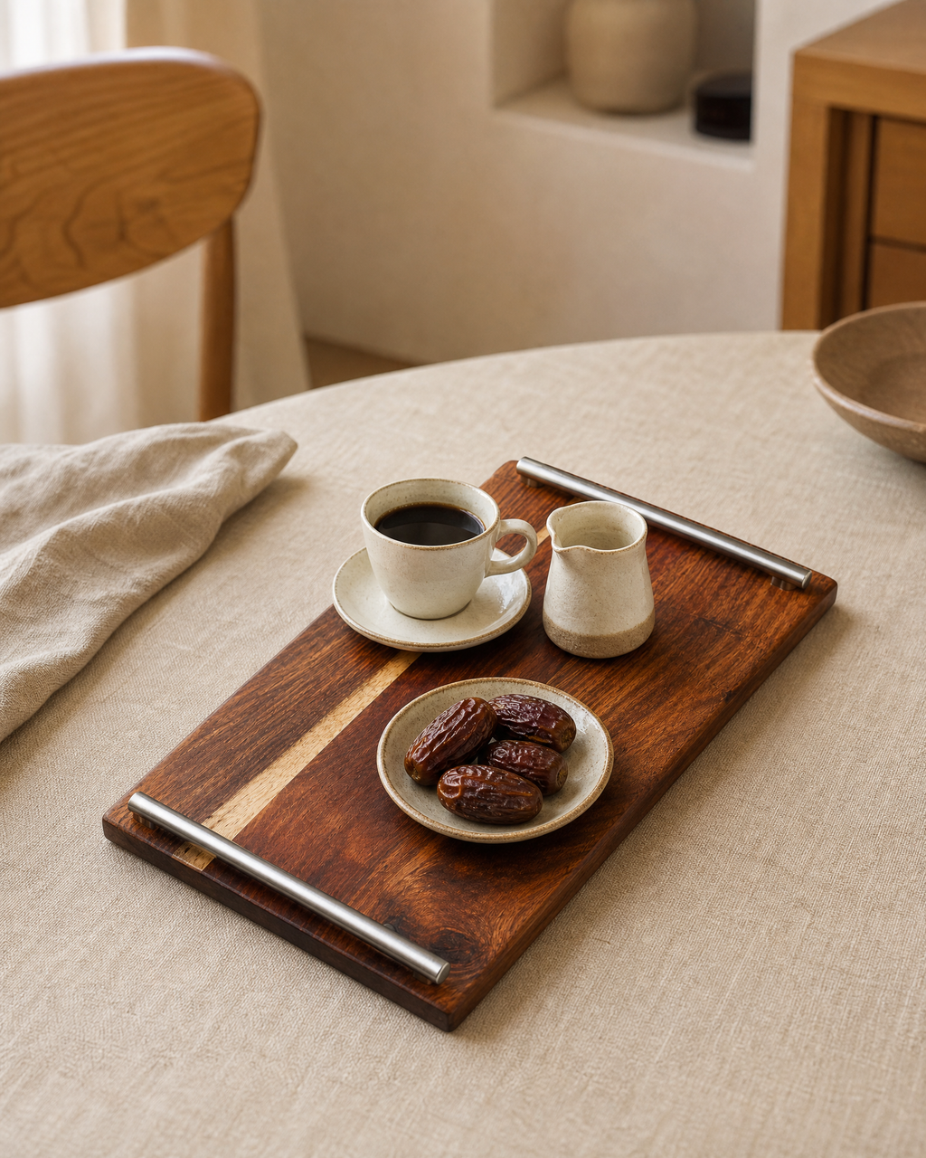 A rectangular wooden serving tray with metal handles, styled on a beige tablecloth with a cup of coffee, a small cream pitcher, and a plate of dates in a warm, modern dining setting.