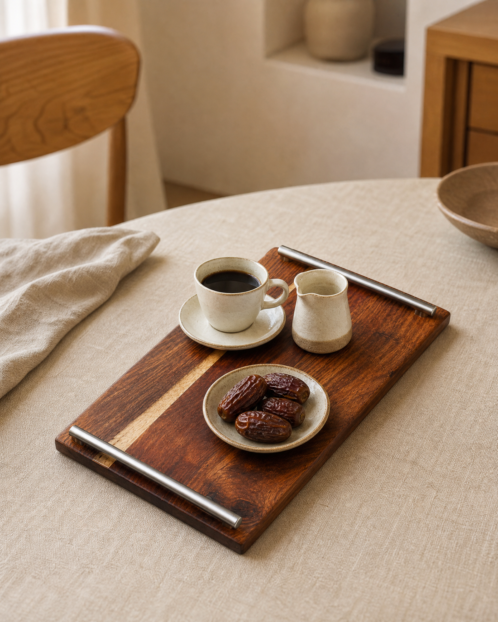 A rectangular wooden serving tray with metal handles, styled on a beige tablecloth with a cup of coffee, a small cream pitcher, and a plate of dates in a warm, modern dining setting.